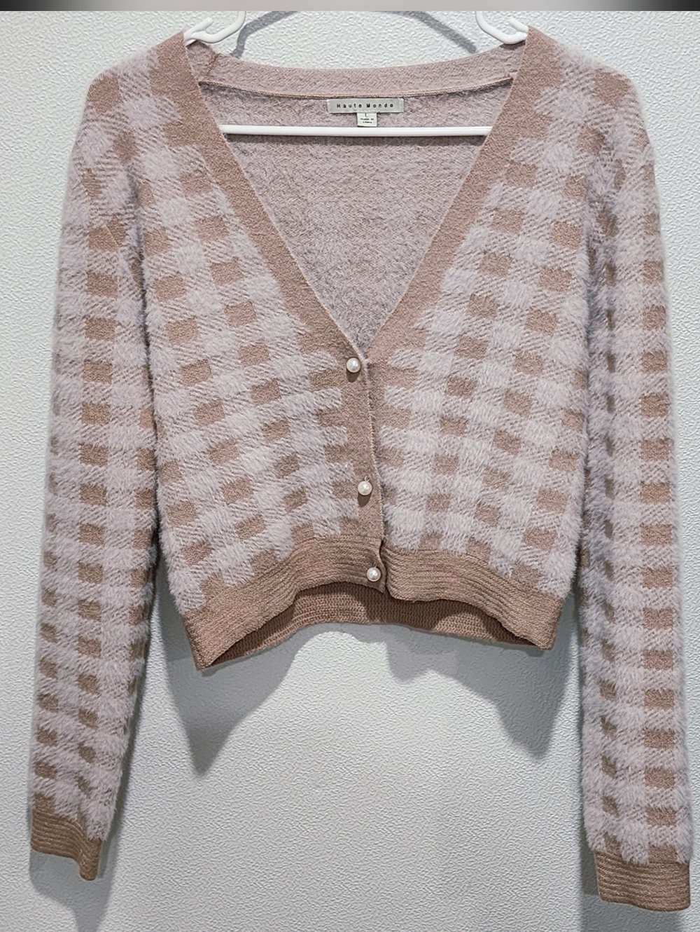 Haute Monde Long Sleeve Button Cardigan Size Large Cropped? Sweater Plaid Check
